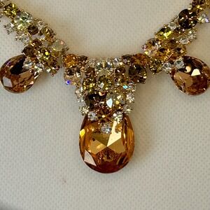 Vintage Schoffel Austria‎ Crown Mark Necklace Amber Teardrop Swarovski Crystals